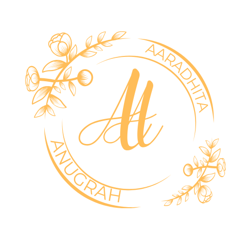 The old Aaradhita Anugrah logo — a pale gold floral circle badge with a script monogram