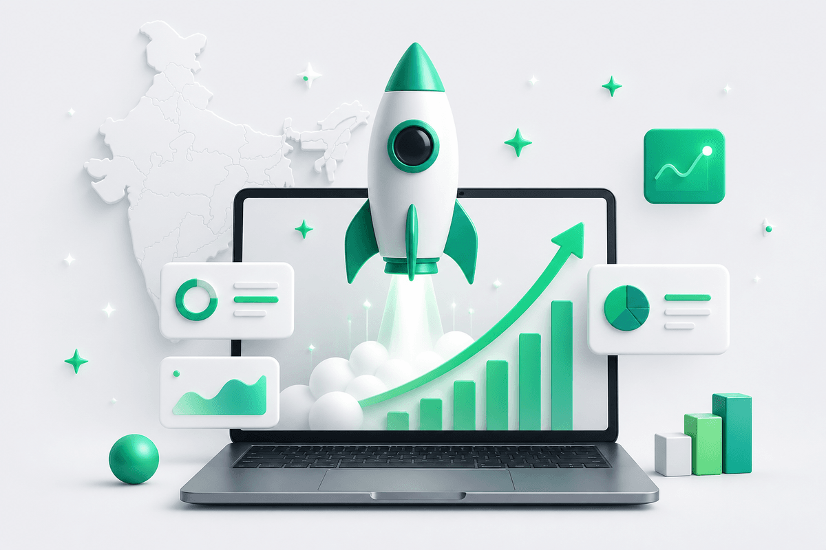 Rocket launching from a laptop — startup website design by Aucio Infotech, India