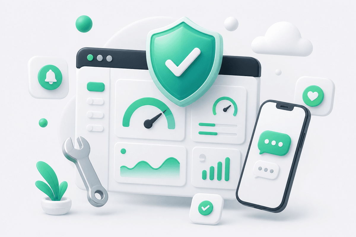 Shield with checkmark over a website dashboard — website maintenance by Aucio Infotech, Jaipur