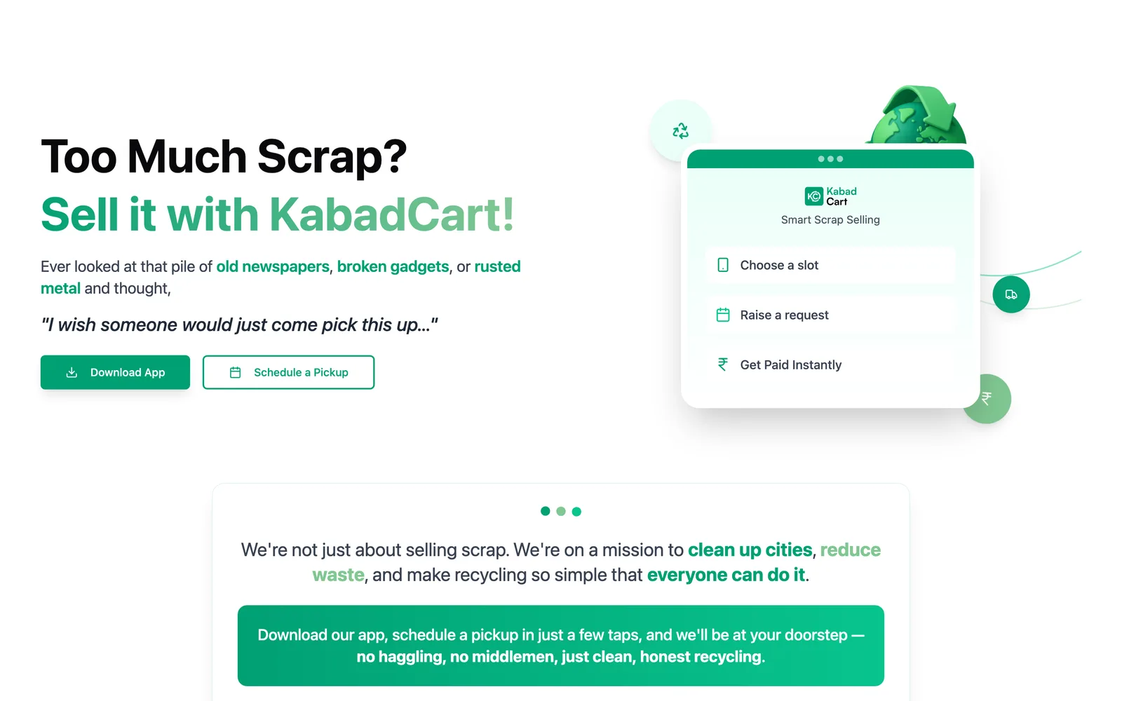 kabadcart.com hero section with the headline 'Too Much Scrap? Sell it with KabadCart!', dual CTAs and an app preview card