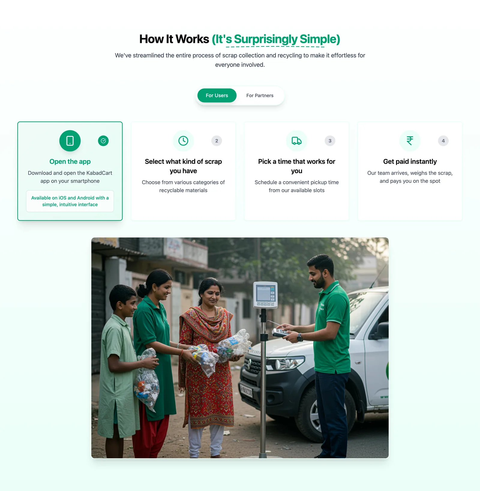 kabadcart.com how-it-works section with four numbered step cards and a photo of a doorstep scrap weighing