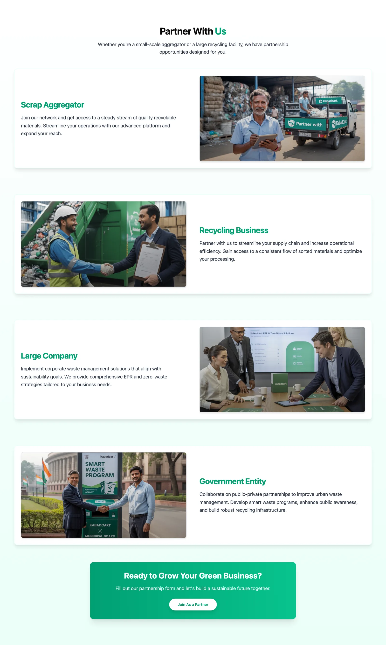 kabadcart.com partner section with cards for scrap aggregators, recycling businesses, large companies and government entities