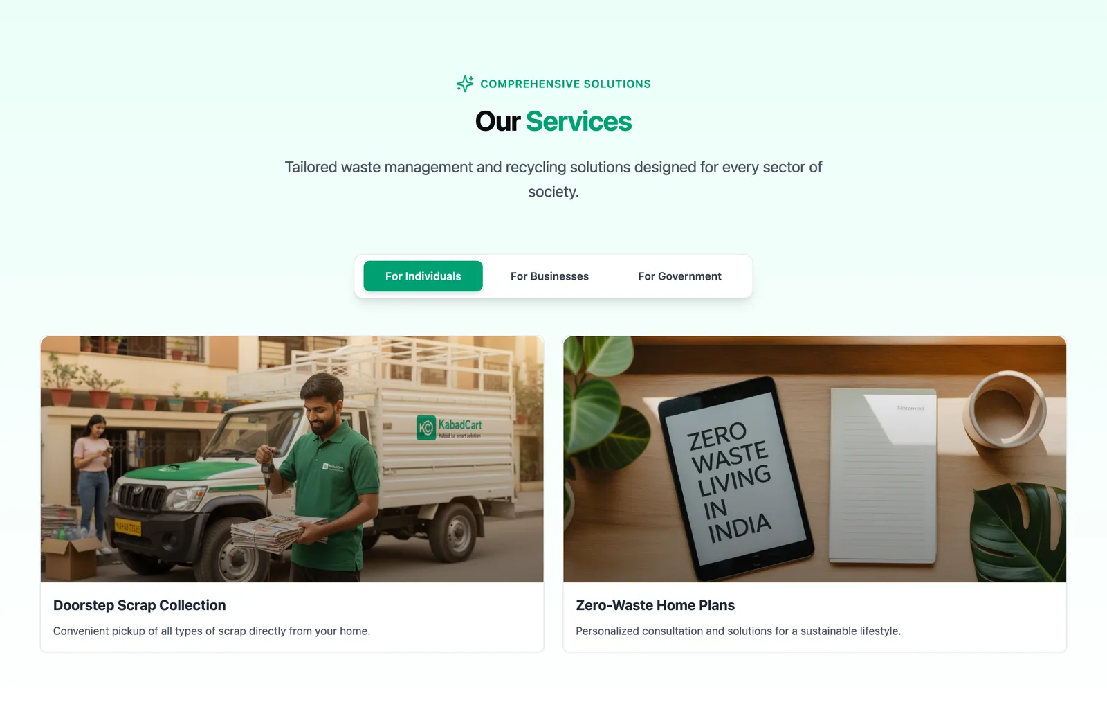 kabadcart.com services section with tabs for individuals, businesses and government