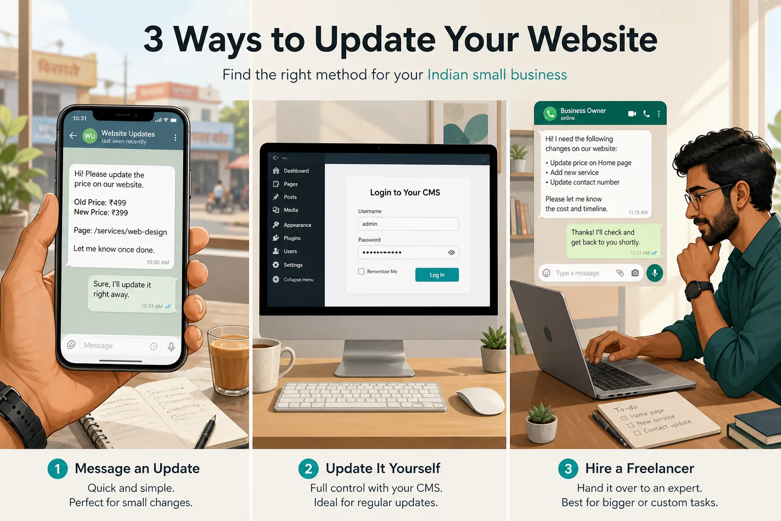 Telegram updates vs CMS login vs hiring a freelancer for website changes — comparison guide for Indian small businesses by Aucio Infotech